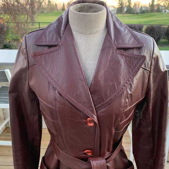 Vintage 70s Sears Burgundy Leather Quilt Lined Belted Blazer Jacket Trench Coat - Picture 3 of 16